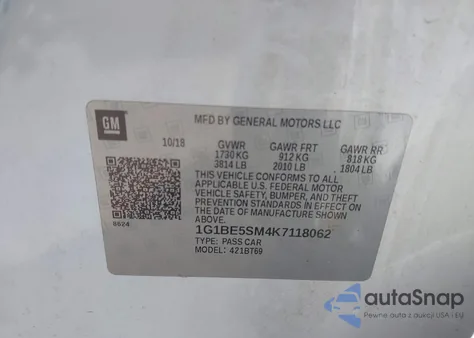 2019 Chevrolet Cruze Lt из США, поврежденный, VIN 1G1BE5SM4K7118062